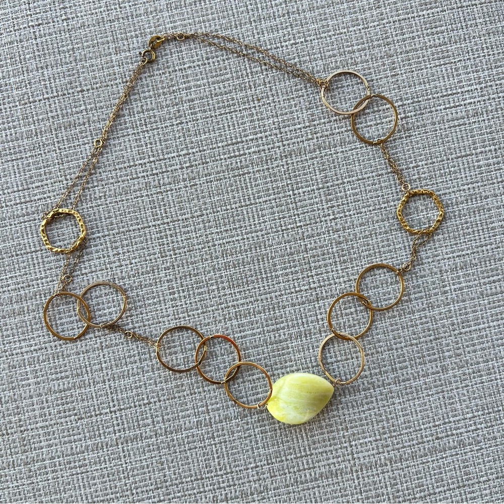 Sterling Silver Gold Tone Circle Links With Yellow Green Pendant 18” Long
